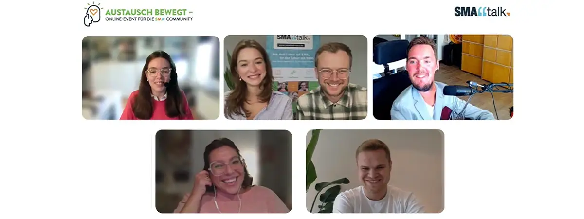 Eine Bildschirmaufnahme des Online-Events mit den Moderatoren Fabienne und Alex, den SMA-Betroffenen Kim, Johanna und Joshua sowie Physiotherapeut Julian. 